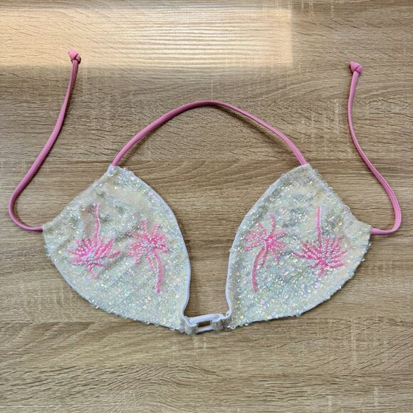 New Oceanus Beaded Sequin Bikini Swim Top White Pink Medium - Picture 1 of 6